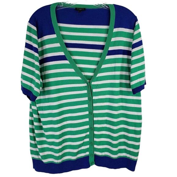 Talbots Cardigan Sweater Green Striped Women’s Short Sleeve Plus Size 1X XL - Picture 2 of 8